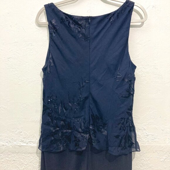 Alex Evenings Maxi Dress Gown Cocktail Holiday Burnout Sheer Floral Silk Navy - Picture 4 of 13